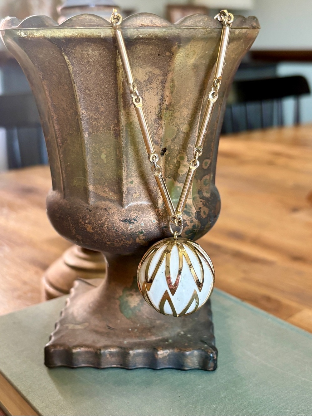 Vintage Sarah Coventry White Lucite Cage Ball Pendant